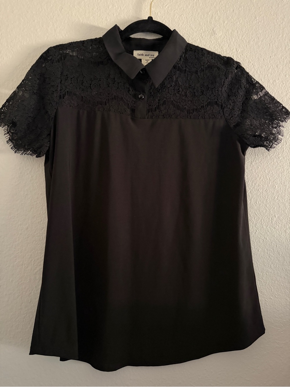 Blouse Top Black Lace Collared Goth Corporate